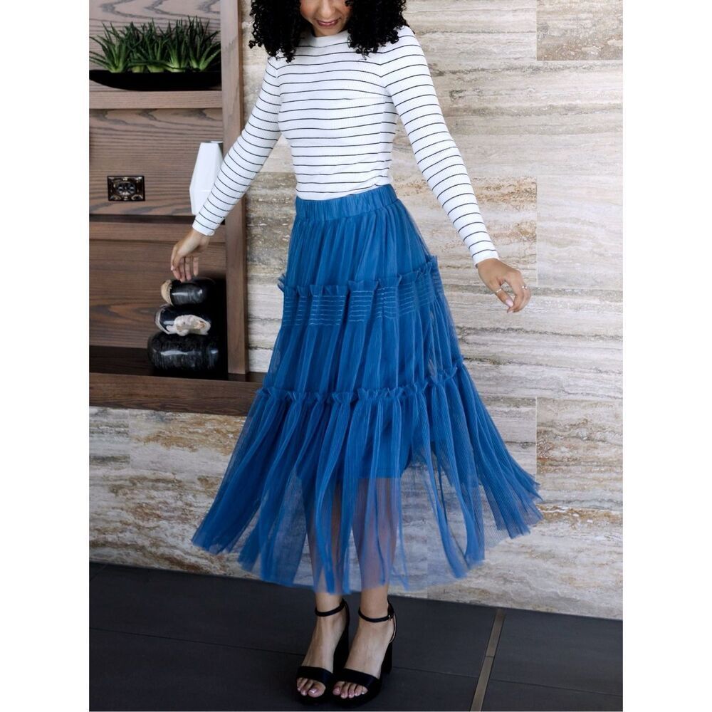 Annie Wear Royal Blue Tulle Tiered Midi Skirt Mesh Balletcore Princess Flowy NWT - Picture 9 of 16